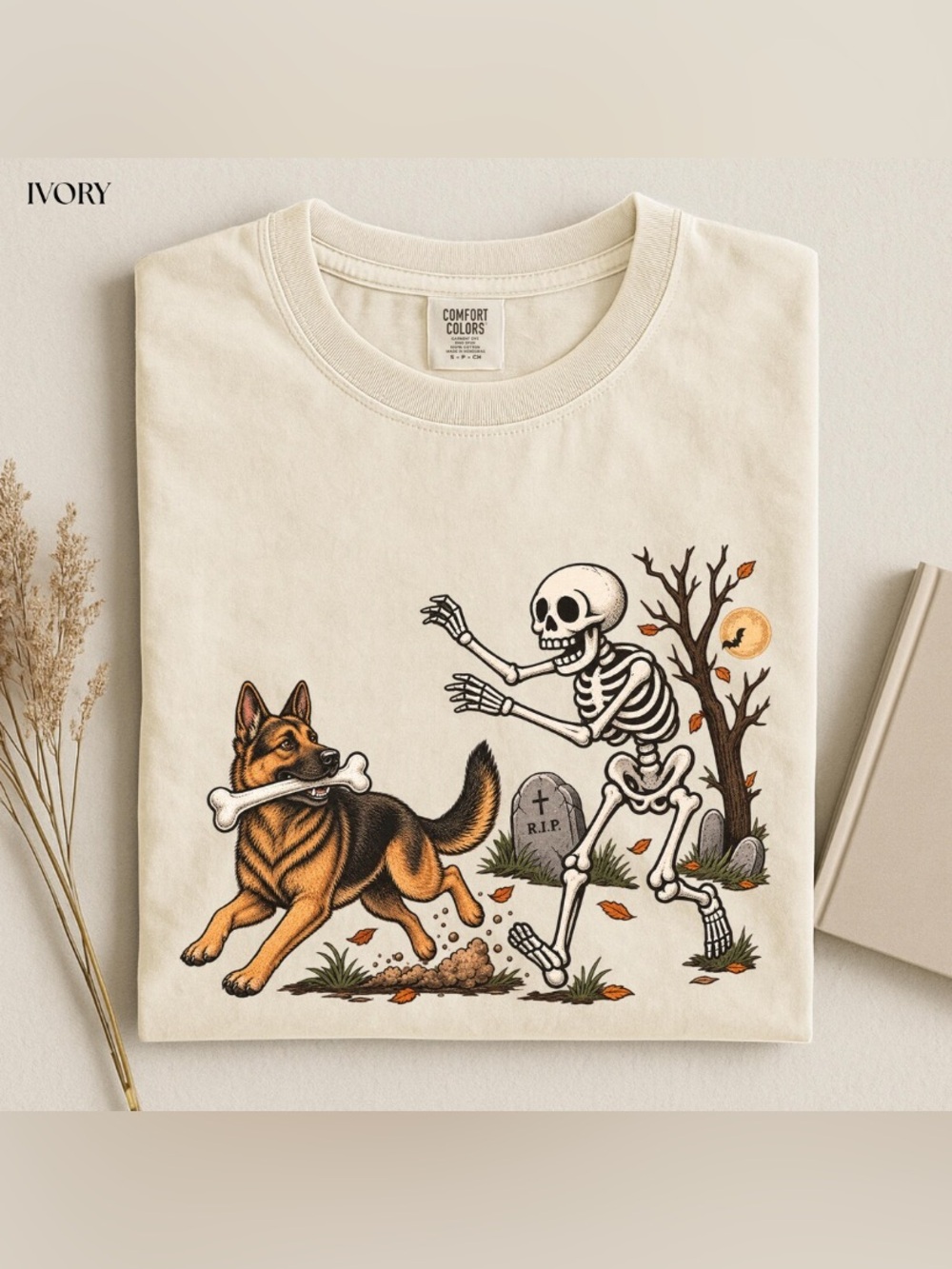 German Shepherd Skeleton Halloween T-Shirt, Funny Dog Mom Comfort Color Tee